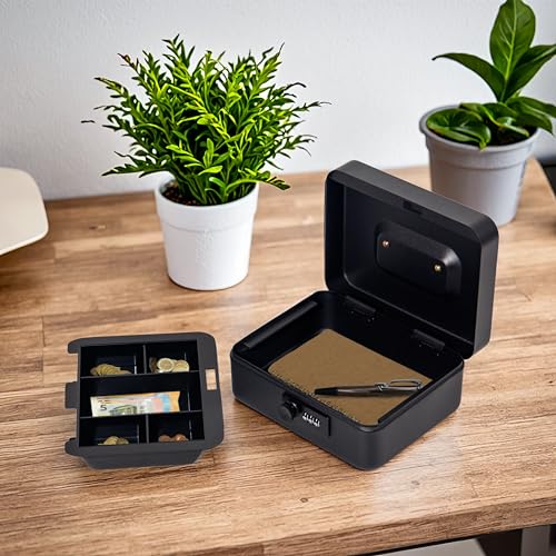 GREELUE Geldkassette (20 * 16 * 8.5 CM) Abschließbar mit Zahlenschloss, Feuerfeste Geldbox, Wasserabweisend Geldkassette Klein mit Münzzählbrett, Cash Box, Spardose