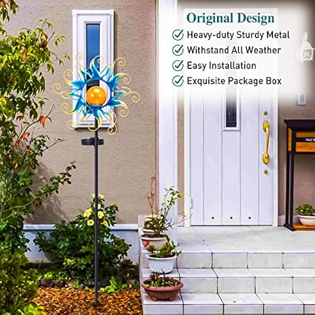 Solar Lights Outdoor Garden Decor, Blue Metal Sun Crackle Glass Globe Stake Waterproof 30LED Decorations Unique Gifts for Women,Mom,Outside, Patio,Lawn,Yard,Pathway