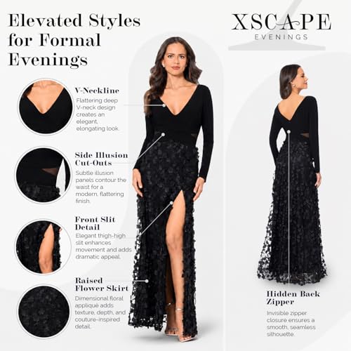 Image of Xscape Women's Long Sleeve V-Neck Formal Evening Gown with Floral Applique Skirt and Side Slit