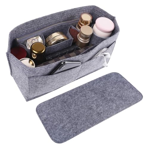 Image of Doxo Purse Organizer Insert for Handbags & Base Shaper 2pc Set, Felt Neverfull MM Organizer Insert, Tote Bag Organizer with Zipper Pocket and Bottle Holder, Fit Speedy 30 Neverfull MM and More,Gray-L