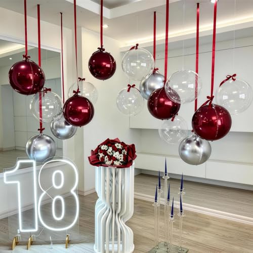 Image of 9 Pcs Burgundy Silver Round Foil Balloons Maroon Wine Red Metallic Silver Chrome 4D Ball Balloons 22 In Orbz Mylar Balloon for Graduation Grad Birthday Wedding Anniversary Party Decorations