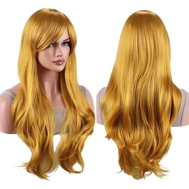 Tangyaoyusun 28Inch Dark Gold Wig with Bang Long Wavy Curly