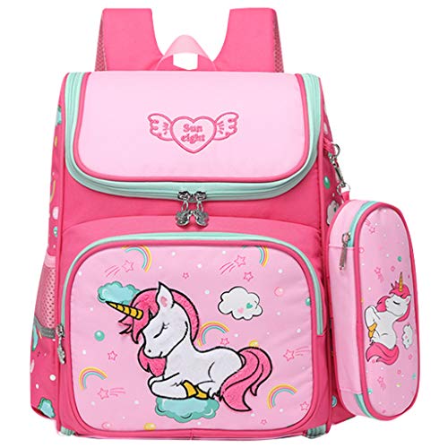 Preisvergleich Produktbild Kinderrucksack, Schulrucksack Mädchen Teenager Einhorn Schulranzen Schultasche Daypack mit Federmäppchen Freizeit Rucksack Tasche Kinder Tagesrucksack 15" (Rosa)