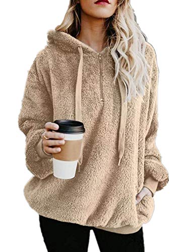 Yanekop Womens Sherpa Pullover Fuzzy Fleece Sweatshirt Oversized Hoodie with Pockets(Khaki,3XL)