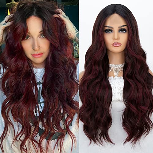 K'ryssma Burgundy Wig with Highlights Long Wavy Ombre Synthetic Wig with Black Roots Natural Looking Body Wave Deep Wine Red Wigs for Women
