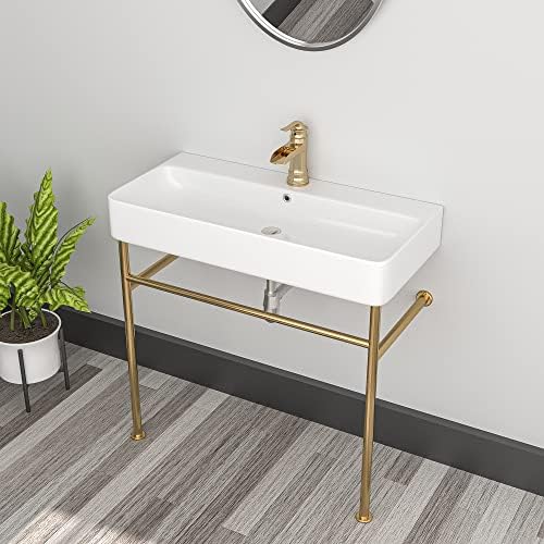Console Sink - Sarlai 35 Inch Console Sink White Ceramic Bathroom Vanity Sink Basin with Gold Steel Pedestal Leg