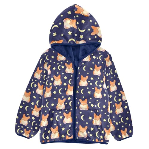 Boys' Fleece Hoody Jacket Zip Up Coat Warm Fall Winter Plush Jacket Corgi Moons Stars Long Sleeve Outerwear