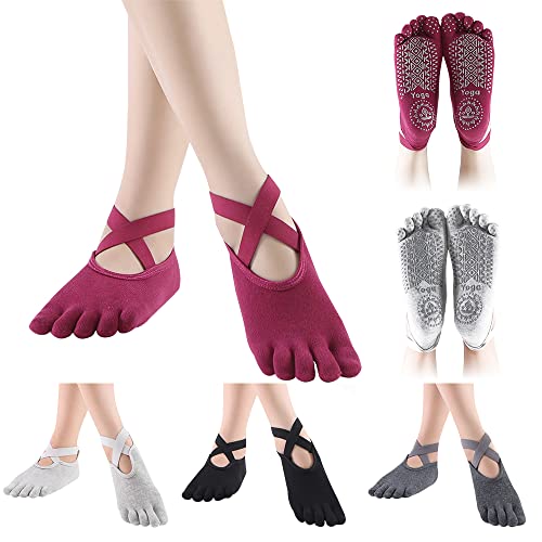 AVCXEC Yoga Socken Rutschfeste für Damen, 4 Paare Sticky Rutschfeste Zehensocken für Yoga, Yoga Pilates Sock mit Griffen, Fünf Zehen Ballettsocke, Gummisohlen Yogasocken für Pilates Barre, Größe 36-40 thumbnail