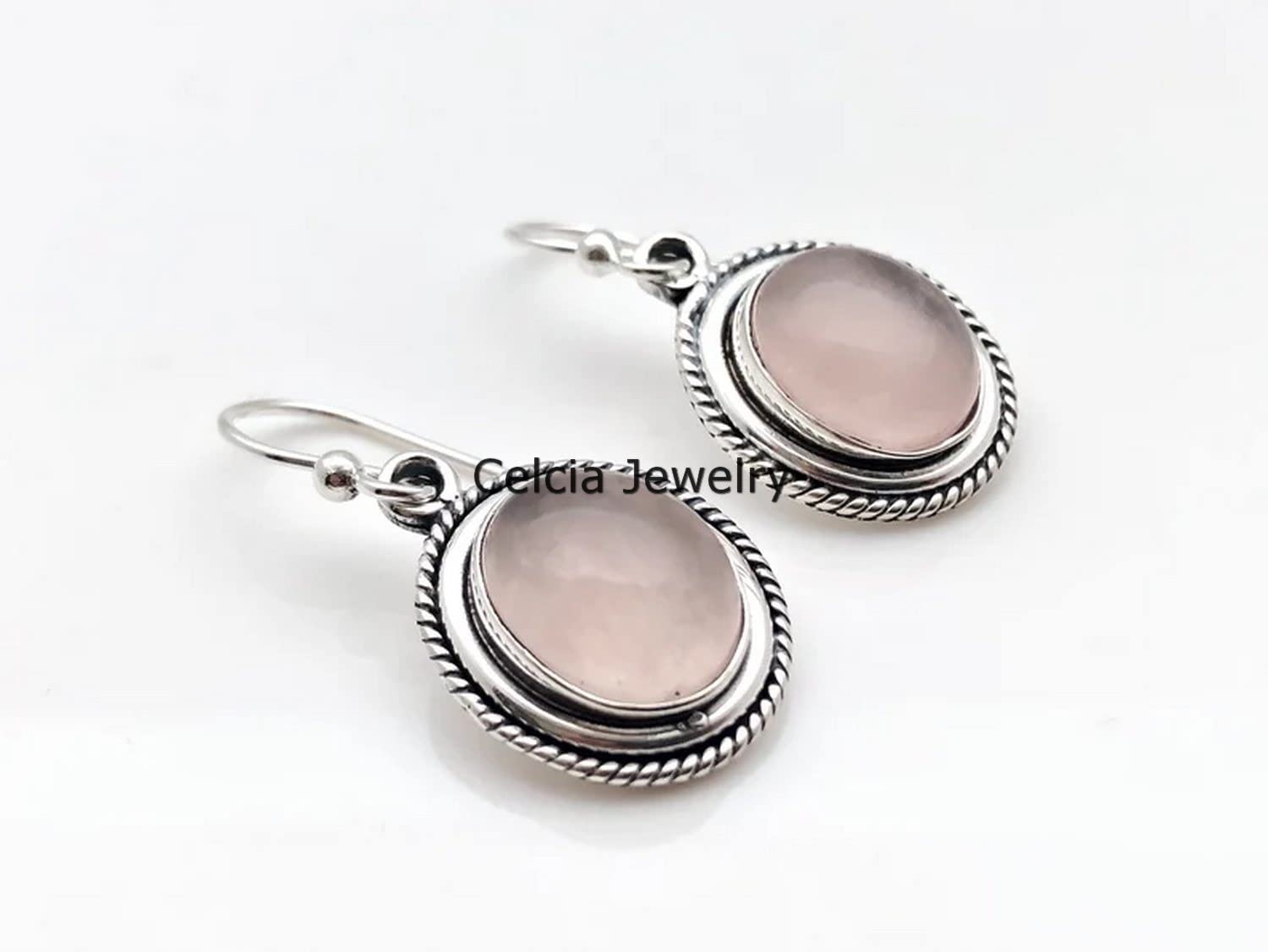 Pendientes colgantes de lágrima de plata de ley 925 maciza para mujer, piedra preciosa de cuarzo rosa genuina, hermosos pendientes hechos a mano con piedra natal de octubre