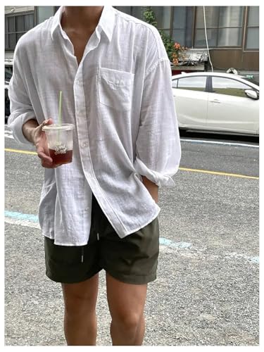 Men's Linen Shirt Button Down Shirt Long Sleeve Shirt with Pocket Collar Neck Summer Beach Shirts4