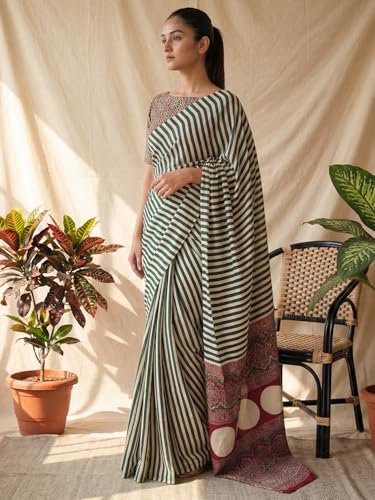 Image of AKHILAM Women's Pure Crepe Striped Printed Saree With Unstitched Blouse Piece