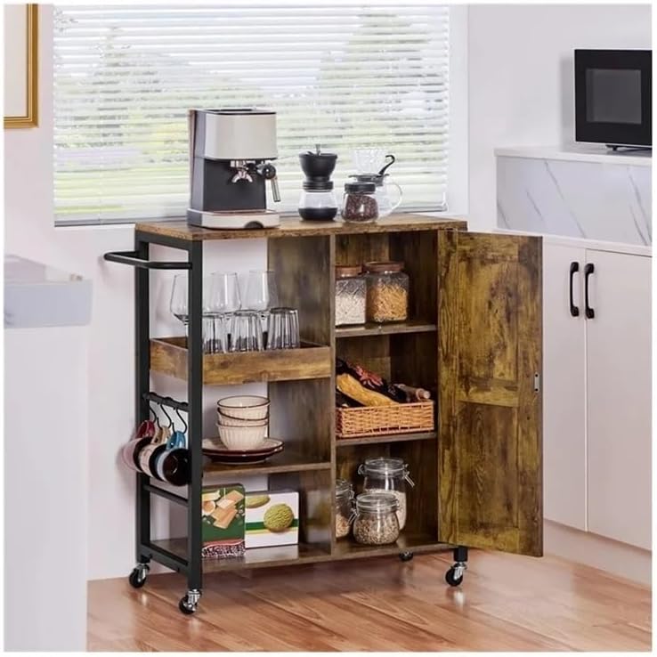 Storage Trolley Rolling Kitchen Storage Cart,Trolley with Open Shelves, Cabinet,Brown Shelving Organizer