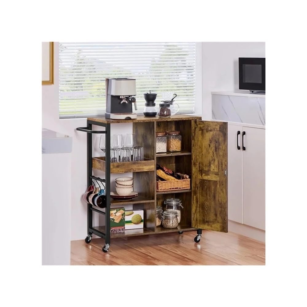 FZL02068LM Serving Trolleys Rolling Kitchen Storage Cart,Trolley With Open Shelves, Cabinet,Brown Organization