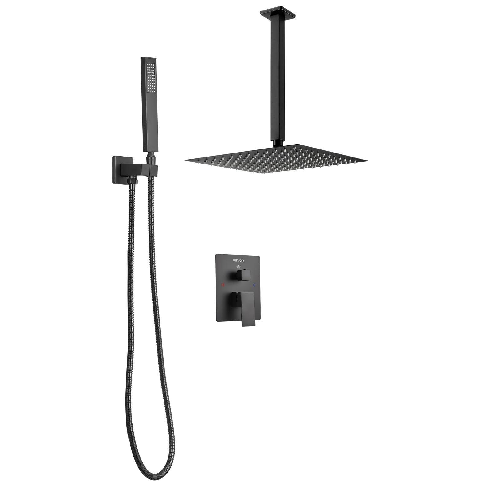VEVOR Juego de Grifo de Ducha de Lluvia con Cabezal de Ducha Cuadrado de 30,5 cm y Rociador de Mano, Grifería de Techo con Válvula de Latón y Kit de Embellecedor, Color Negro Mate, 6,7 L/min