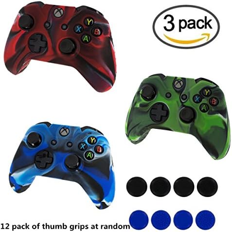 SROCKER 3 Pack Silicone Protective Game Controller Case Rubber Skin Cover Game Controller with 4 Thumb Grip Stick Caps for Xbox One