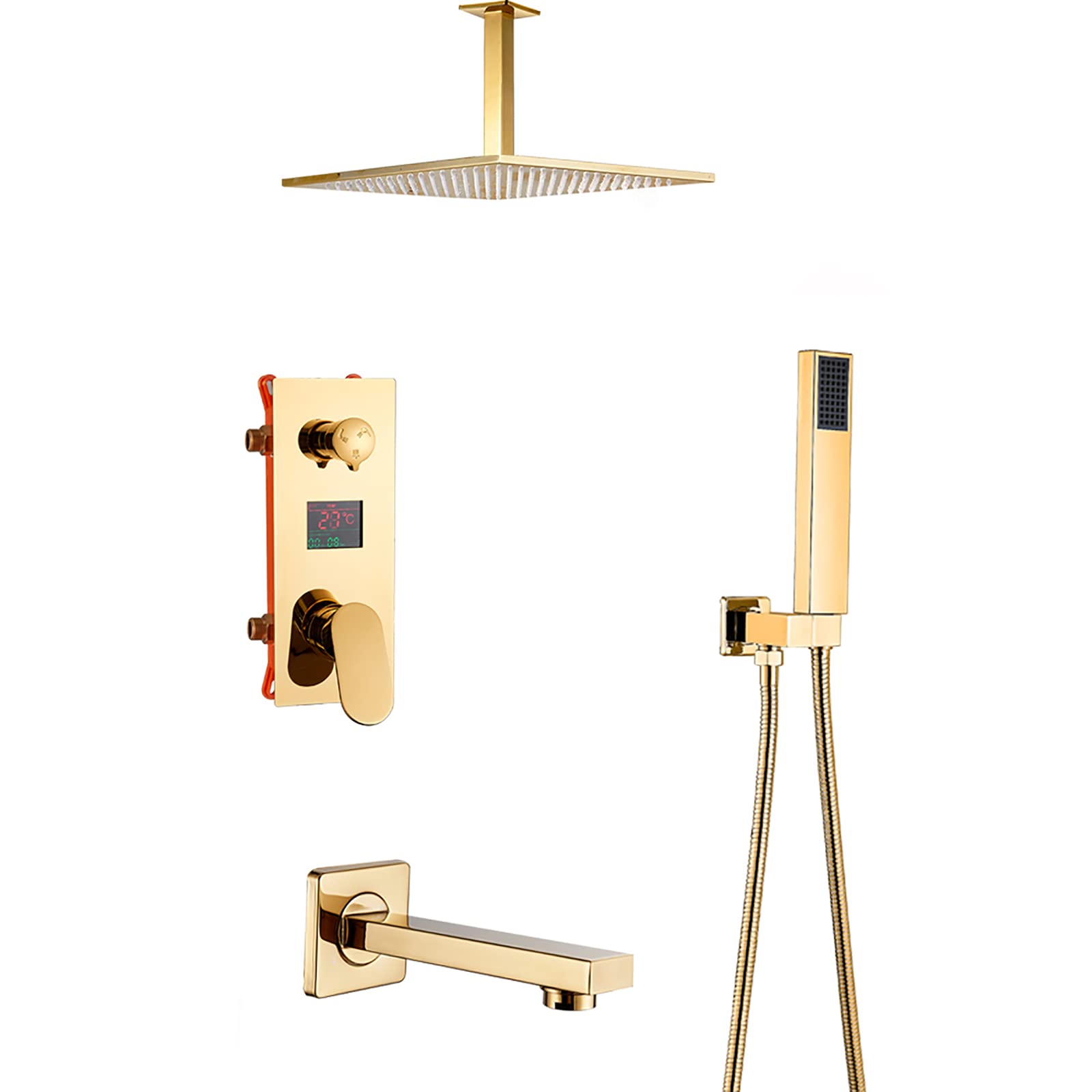 Sistema doccia a pioggia Gold Display Digitale Bagno Rubinetto Set, Ottone Pioggia Miscelatore Doccia con Soffitto Montato Soffitto, Doccia Palmare e Vasca Beccuccio