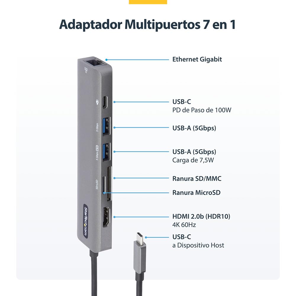 StarTech Mini Dock USB-C 7 en 1 HDMI 4K 60Hz, GbE, 2x USB, SD, 100W PD | Compatible con Thunderbolt, MacBook Pro/Air, Windows y macOS, Paso de dirección MAC y conmutación WiFi