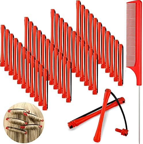 48 Pieces Hair Perm Rods Short Cold Wave Rods Plastic Perming Rods Hair Curling Rollers Curlers with Steel Pintail Comb Rat Tail Comb for Hairdressing Styling Supplies (0.2 Inch, Red£©
