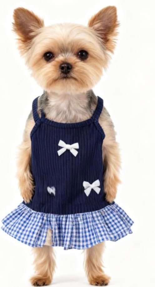 Cute Dog Dress – Navy Blue with Bows & Checkered Skirt