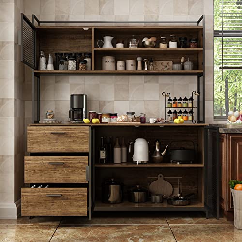 Didugo Kitchen Hutch Storage Cabinet With Drawers & Iron Doors, Kitchen Pantry Kitchen Buffet Cabinet With Metal Frame, For Hallway Deep Walnut (59”W X 15.7”D X 68.5”H) #TOP2