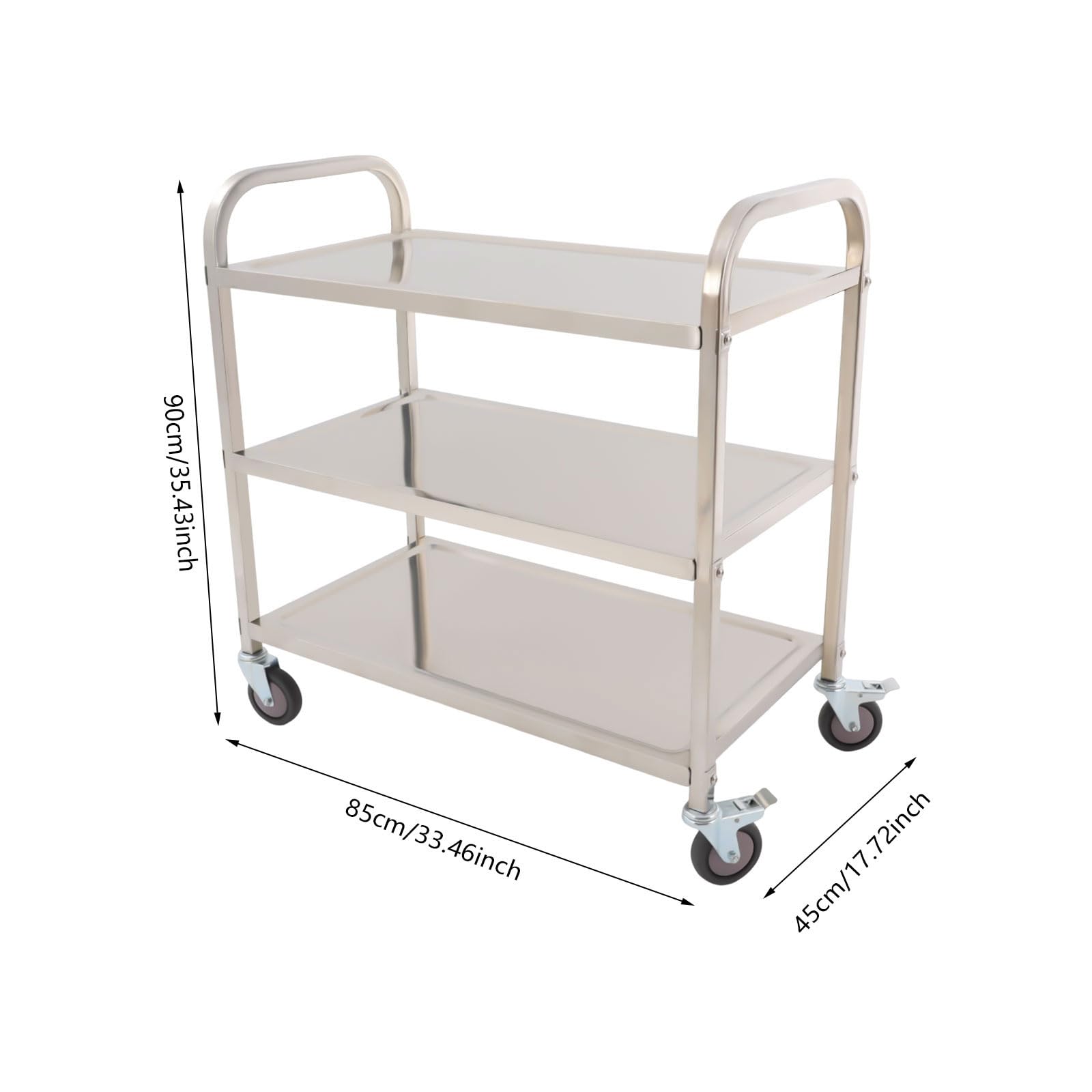 Carro de servicio de 3 niveles, de acero inoxidable, con 2 frenos, ruedas giratorias y asa, 25 kg por capa, pulido, para cocina, restaurante, 85 x 45 cm, color plateado