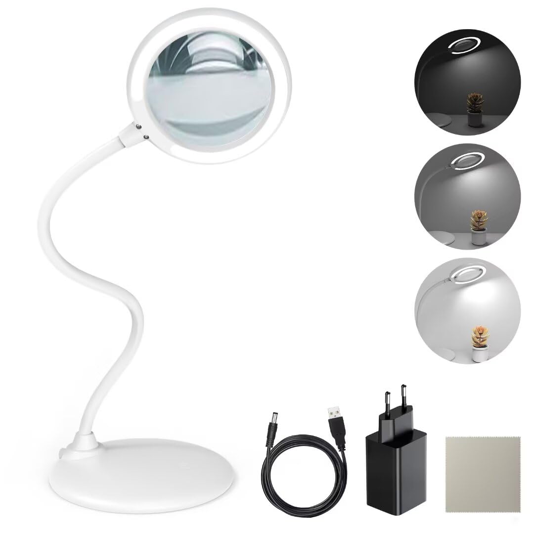Loupe 3 x avec lumière et Support – Loupe Tactile à intensité Libre avec lumière LED pour Le Travail, la Lecture, Les Loisirs, la Couture, Les Loisirs créatifs (Blanc)