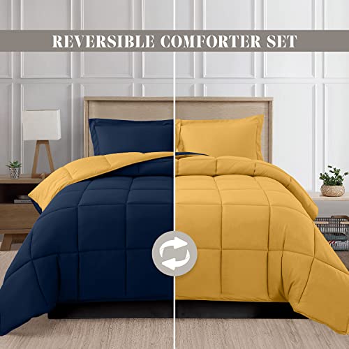 Image of Elegant Comfort 3-Piece Reversible Comforter Set, All Season Cozy, Soft Down Alternative, Quilted - Box Stitched - Duvet Insert with 4 Corner Tabs, Comforter with Shams, Cali King, Navy /Yellow