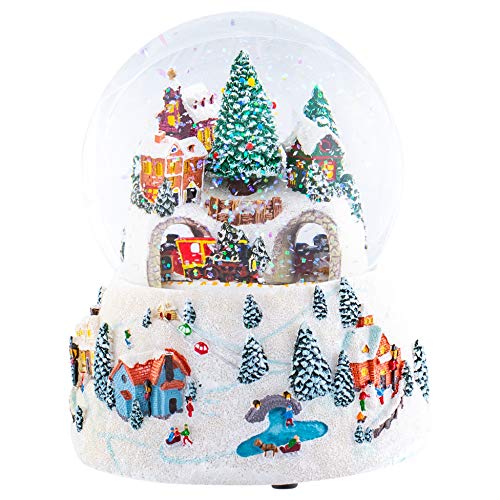 Musical Village Rotating Train White 6 inch Resin Holiday Wind Up Snow Dome