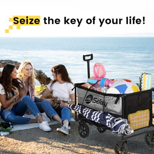 Sekey XXL Bollerwagen Faltbar mit Bremsen 160L 150KG Belastbar, Faltbarer Bollerwagen Geländetauglich, Klappbarer Handwagen Strand Camping Einkaufen, XXL-Sieger 3011, Schwarz mit Grau