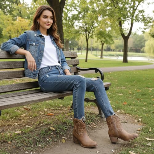 Image of GLOBALWIN Women's Cowgirl Boots Ankle Brown Cowboy Boots With Embroidered Stitching Low Heel Comfortable Western Boots For Country Outfits