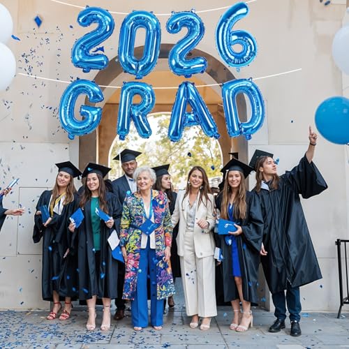 Image of Blue 2026 GRAD Congrats Balloons, 16 Inch Matte Blue Grad Foil Balloons Banner Sign for Graduation Decorations 2026, College High School Class of 2026 Graduate Congratulations Party Decor Supplies