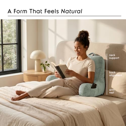 Image of Nestl Reading Pillow with Shredded Memory Foam, Designed for Sitting Up in Bed and Couch, Back and Arms Adjustable Support for Adult & Teens Backrest Pillows for Reading with Washable Cover Sage Green