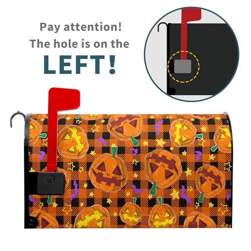Image of Halloween Mailbox Cover Magnetic Standard Size 25.5x21 Inch Spooky Pumpkins Bats Mailbox Wrap Letter Post Cover with Black Orange Buffalo Plaids for Yard Garden Home Outdoor Decor