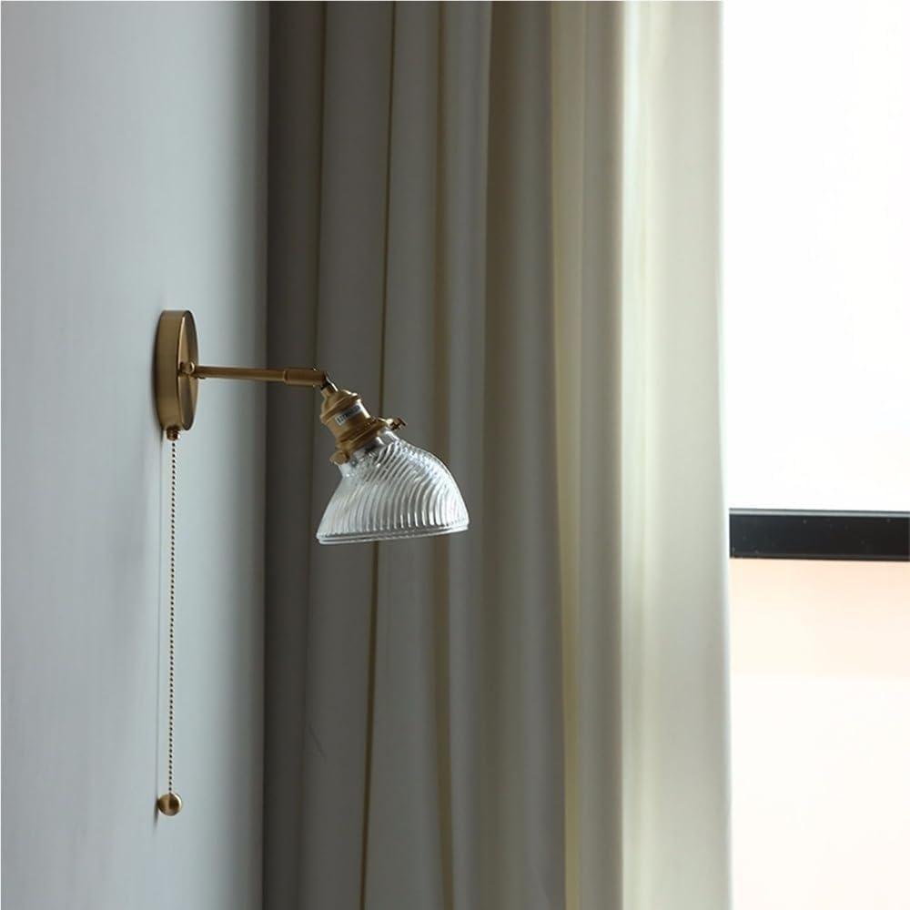 Applique da Parete in Ottone Anticato Vintage con Vetro Rigato, Interruttore a Catena cablato, Braccio Regolabile, Lampada da Parete per Isola Cucina, Camera da Letto, Soggiorno, Sala da Pranzo,