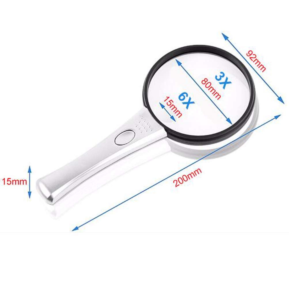 Lupa de Mano con luz LED, Lente acrílica 3X 6X, Ayuda de Lectura portátil e iluminada, Ideal para Leer Libros, periódicos, observar Insectos y Otras aficiones (Plateada).