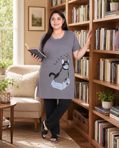 Image of In Love Women Cotton Regular Fit Plus Size Long-Line Chest Print T-Shirt with Pocket