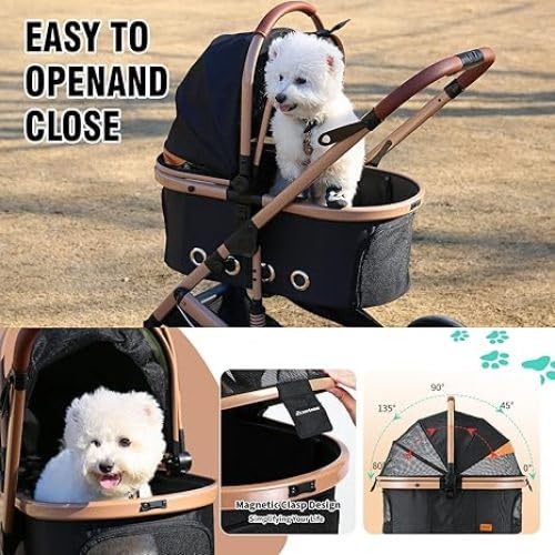 4 in 1 Pet Stroller Folding Lightweight Cat & Dog Stroller with Detachable Carrier NO-Zip 180° Reversible Canopy All Terrain 4-Wheel 45 lbs Capacity for Small to Medium Dogs