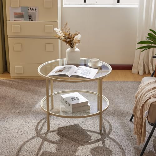 Image of VINGLI Glass Coffee Table, 25.6 inch Round, 2-Tier With Storage, Modern Center Table With Beige Frame, Transparent for Living Room, Mesa de Centro Para Sala