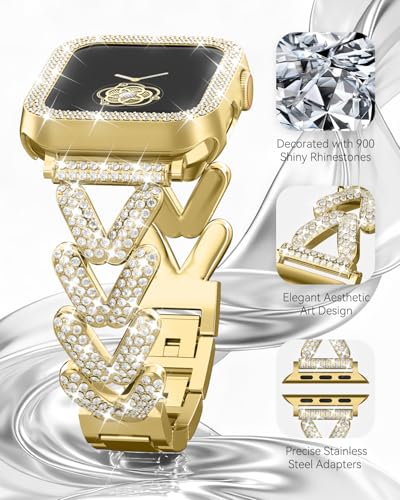 Image of Rhinestones Encrusted Metal Bracelet and Case, Compatible with Apple Watch Bands 38mm-49mm (Series 11 /1 /SE /Ultra 2)- Bling Gold Women's Jewelry Strap, Luxury iWatch Bracelet with Screen Protector