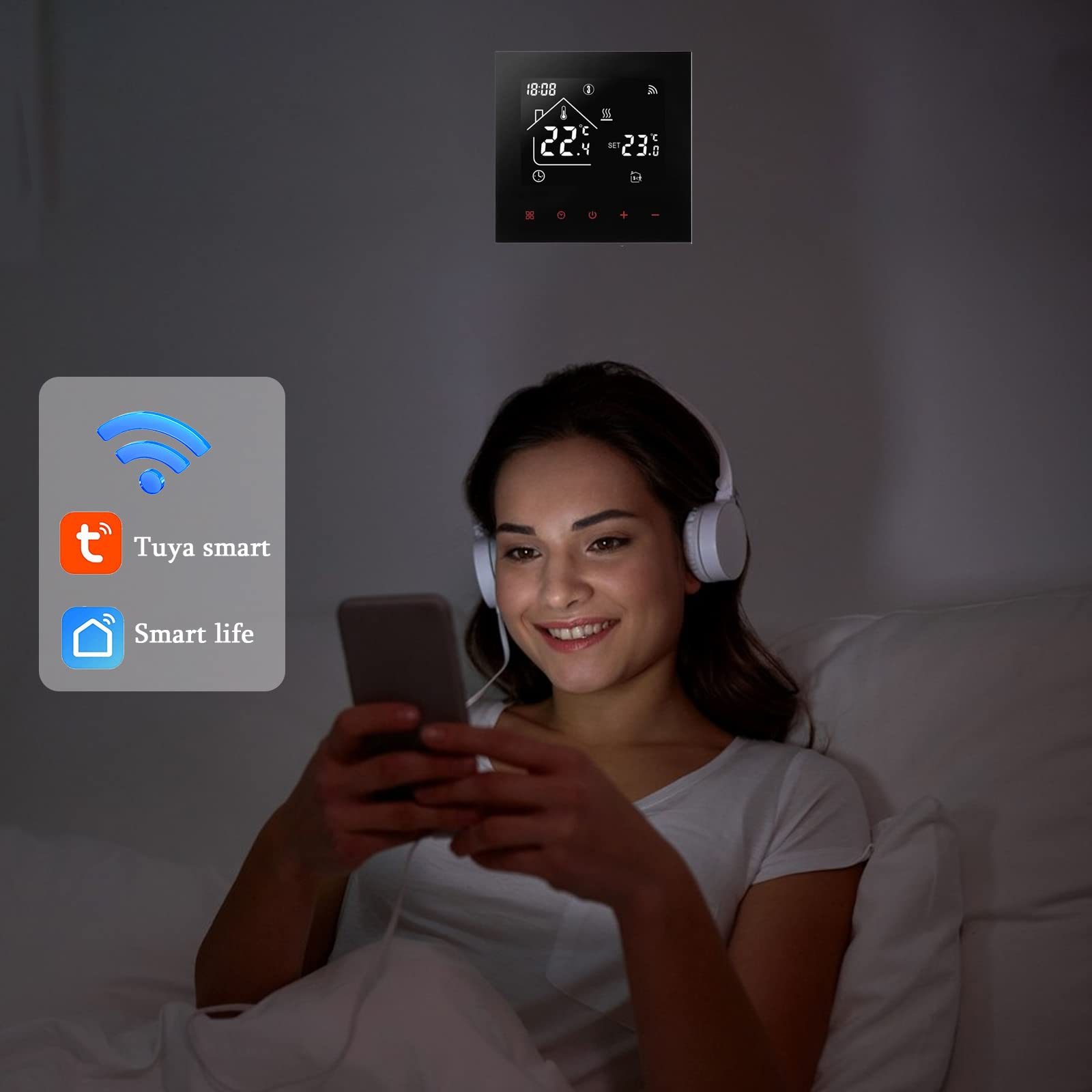 Tuya WiFi Termostato per riscaldamento a pavimento, con display a LED, touch screen, termostato digitale, compatibile con Alexa, Google Home (nero, acqua e riscaldamento a pavimento 3A)