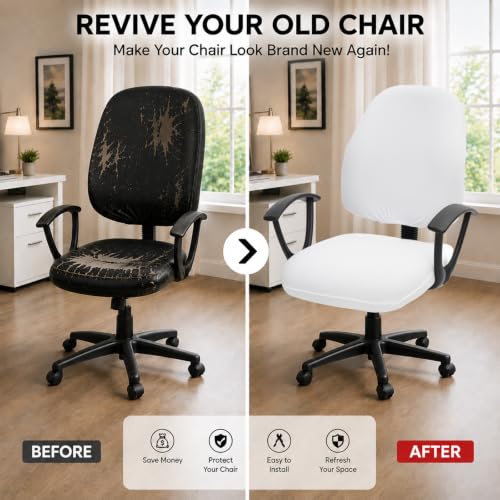 Image of Stretchable Desk Office Chair Seat Covers - Universal Spandex Computer Chair Slipcover - Removable Washable Rotating Backrest Coverings & Cushion Protectors for Dogs, Cats, Pets, White