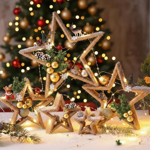 5 Pcs Lighted Wooden Star Christmas Decor, Rustic Farmhouse Tabletop Stars