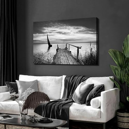 Image of Black and White Nature Wall Art Beach Landscape Pictures Wall Decor for Living Room Coastal Poster Canvas Prints Vintage Sailboat Scenery Paintings Seascape Artwork Home Office Decorations 32x48 inch