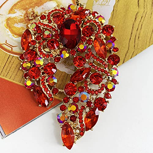 Image of SELOVO Big Large Rhinestone Green Leaf Statement 3.5 inch Brooch Pin Scarf Broach Gold Tone
