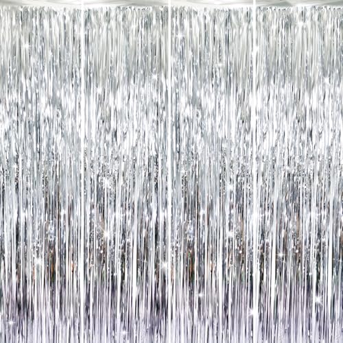 Image of GOER 3.2 ft x 9.8 ft Metallic Tinsel Foil Fringe Curtains for Party Photo Backdrop Decor (4 Packs,Silver)