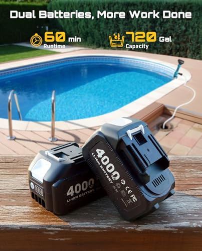 Image of SEESII Cordless Stick Water Pump, 2.2 inch Slim Head, Water & Diesel Transfer | 720GPH & 16FT Lift, 2x4.0Ah Lithium Batteries, 30-Min Runtime Per Battery, for Pool Garden Pond Boat Basement RV Rain Barrel