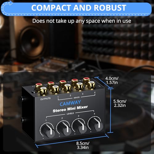 Image of CAMWAY Audio Mixer 4 Channel - Mini RCA Stereo Audio Mixer for PC, X-box,PS4 Gaming,TV,PC,Music,Streaming,DJ Mixing,RCA Input with Independent Volume Controls,Professional Sound,Plug and Play
