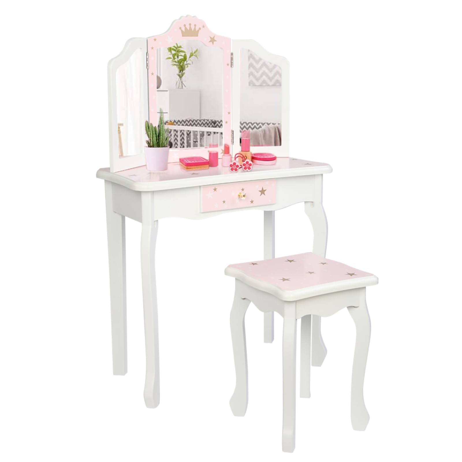 LALAHO Tocador para niños con taburete, mesa de maquillaje para niñas, tocador con cajón con dos espejos plegables de 180° para niñas de 3 a 9 años (Blanco y Rosa)
