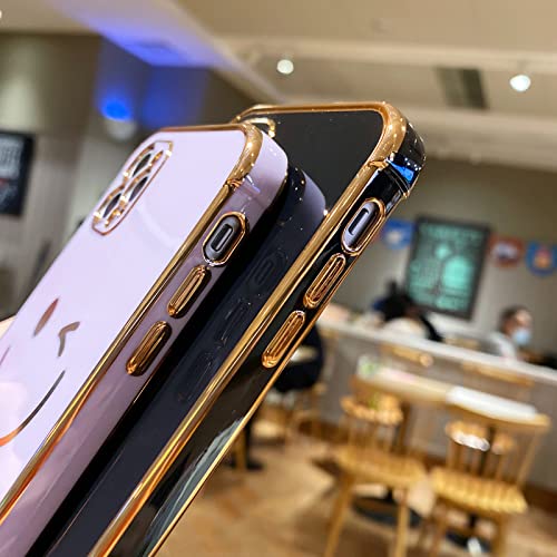 Facweek Compatible With Iphone 12 Pro Max Case, Cute Happy Smiley Face Pattern Cases And Covers Gold Plated, Full Camera & Drop Protection Electroplated Edge Bumper Cover Case 6.7 Inch, Purple #TOP5