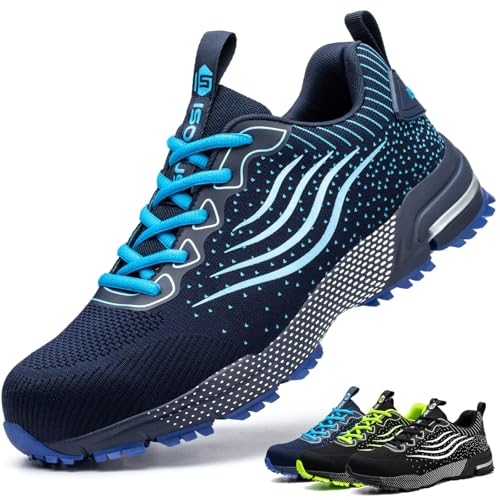 Steel Toe Shoes for Men Women Lightweight Safety Shoes Comfortable Cushion Steel Toe Sneakers Indestructible Work Shoes Blue 6 Women/4.5 Men